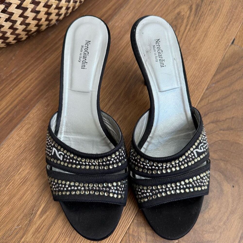 Nero Giardini Italy 3” Heel Mules Bling Logo Black Satin $270 39
